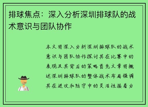 排球焦点：深入分析深圳排球队的战术意识与团队协作